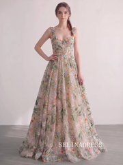 Corset-Bodice Embroidered Flower Champagne A-Line Princess Spaghetti Straps Prom Dresses LET010|Selinadress