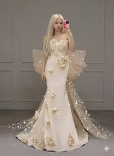 Crystal Mermaid Strapless Prom Dress With Oversized Bow Detail & Flower SEA211|Selinadress