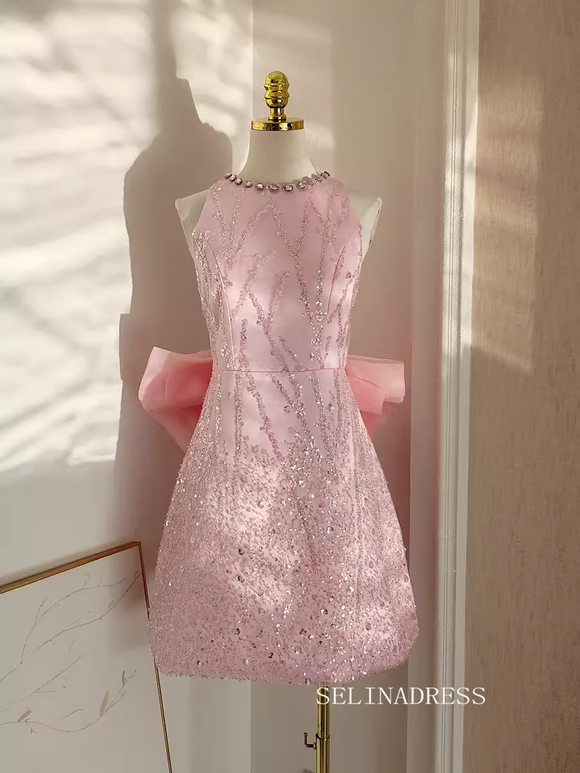 Cute Sheath/Column Pink Short Prom Dress Scoop Neck Sequins Cocktail Dress #EWR002|Selinadress