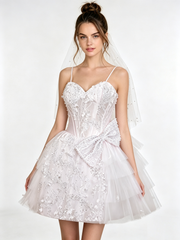 Elegant White Tulle Mini Dress with Floral Embroidery and Oversized Bow TYL160|Selinadress