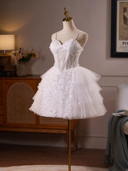 Delicate White Tulle Mini Wedding Dress with Floral Embroidery and Tiered Skirt TYL064|Selinadress