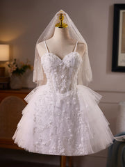 Delicate White Tulle Mini Wedding Dress with Floral Embroidery and Tiered Skirt TYL064|Selinadress