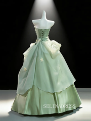 Dreamy Sage Green Appliques Prom Dresses Strapless Sleeveless Backless Ball Gown LET004|Selinadress