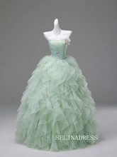 Dreamy Sage Green Sequins Lace Flower Cascading Ruffles Prom Dresses Strapless Sleeveless Ball Gown LET002|Selinadress