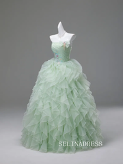 Dreamy Sage Green Sequins Lace Flower Cascading Ruffles Prom Dresses Strapless Sleeveless Ball Gown LET002|Selinadress
