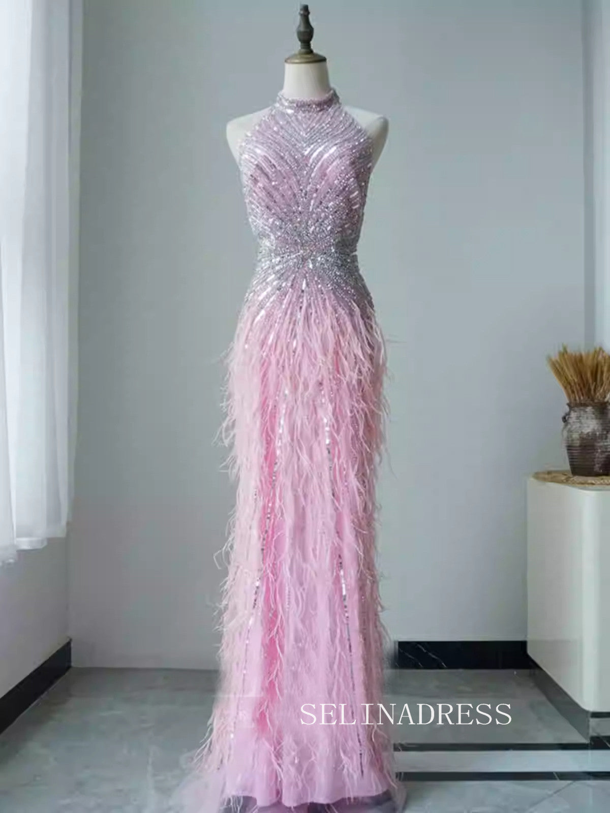 Dubai Halter Neck Feathers Beaded Formal Dress Luxury Mermaid Evening Dresses For Women Wedding Party ALI006 - Us Size 2 / Pink Dubai Halter Neck Feathers Beaded Formal Dress Luxury Mermaid Evening Dresses For Women Wedding Party ALI006 - Us Size 2 / Pink