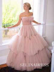 Dusty Pink Tiered Ruffle Tulle Prom Dresses Beaded Waist Evening Dress ann320