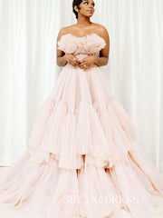 Dusty Pink Tiered Ruffle Tulle Prom Dresses Beaded Waist Evening Dress ann320