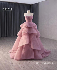 Dusty Rose Beaded Tiered Ruched Wedding Dress Sweetheart Quinceanera Dress 241013|Selinadress