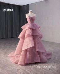 Dusty Rose Beaded Tiered Ruched Wedding Dress Sweetheart Quinceanera Dress 241013|Selinadress