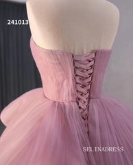 Dusty Rose Beaded Tiered Ruched Wedding Dress Sweetheart Quinceanera Dress 241013|Selinadress