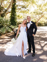 A-line Strapless Satin White Thigh Split Wedding Dresses CBD083