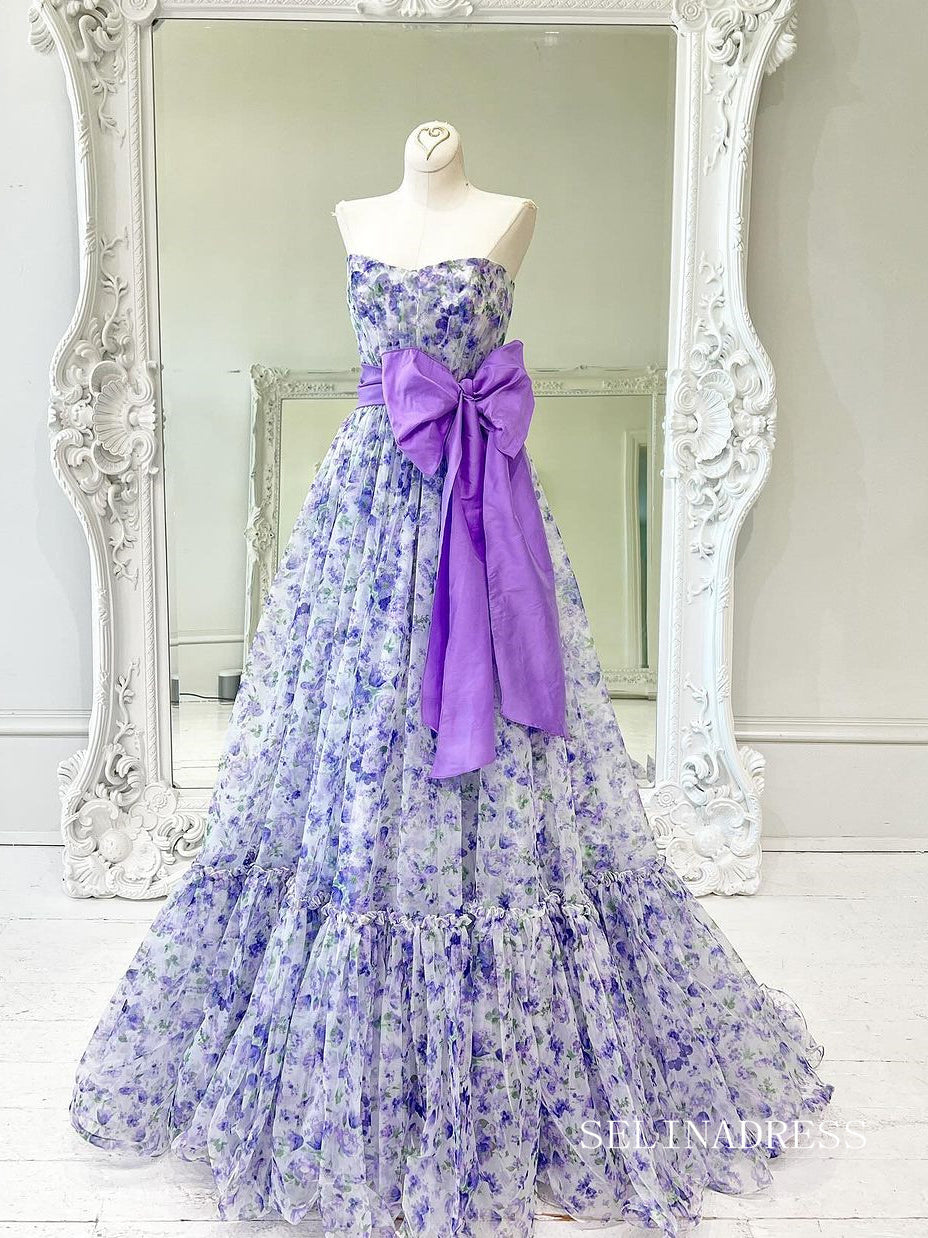 Elegant A-line Strapless Purple Print Floral Bow Tie Long Prom Dress lps012|Selinadress
