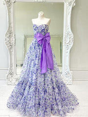 Elegant A-line Strapless Purple Print Floral Bow Tie Long Prom Dress lps012|Selinadress