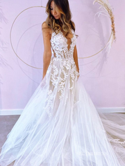 Elegant Deep V neck Applique White Wedding Dresses Rustic Wedding Gowns EWR811|Selinadress