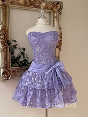 Elegant Lavender Strapless Short Ball Gown with Floral Lace and Big Bow Accent cok085|Selinadress