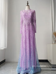 Elegant Long Sleeve Prom Dress Ombre Beaded Luxury Evening Dress Formal Gown FUE020|Selinadress