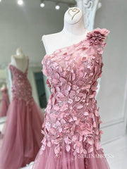 Red One Shoulder Leaf Appliques Mermaid Prom Dress lpk561|Selinadress