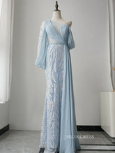 Elegant One Shoulder Long Sleeve Prom Dress Light Sky Blue Beaded Evening Dress Formal Gown FUE011|Selinadress