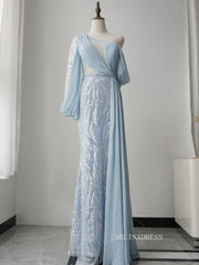 Elegant One Shoulder Long Sleeve Prom Dress Light Sky Blue Beaded Evening Dress Formal Gown FUE011|Selinadress