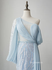 Elegant One Shoulder Long Sleeve Prom Dress Light Sky Blue Beaded Evening Dress Formal Gown FUE011|Selinadress