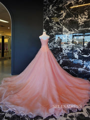 Elegant Pink A-line Hlater Tulle Prom Dress Wedding Gown With Rose Floral Quinceanera Dress SER626|Selinadress