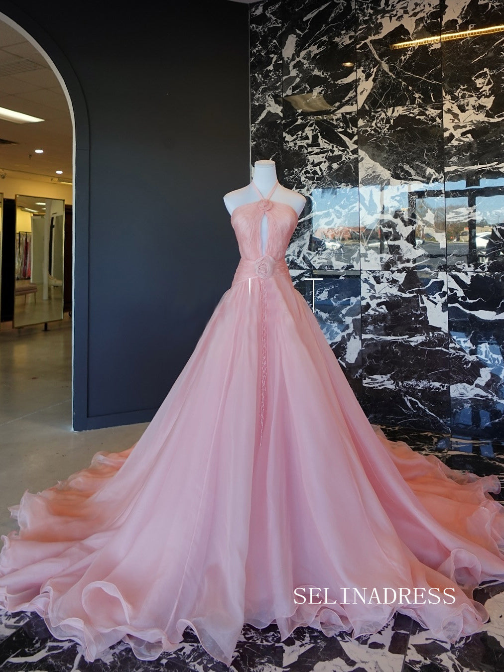 Elegant Pink A-line Hlater Tulle Prom Dress Wedding Gown With Rose Floral Quinceanera Dress SER626|Selinadress