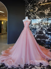 Elegant Pink A-line Hlater Tulle Prom Dress Wedding Gown With Rose Floral Quinceanera Dress SER626|Selinadress