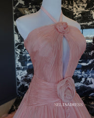 Elegant Pink A-line Hlater Tulle Prom Dress Wedding Gown With Rose Floral Quinceanera Dress SER626|Selinadress