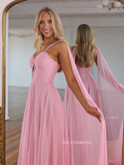 Elegant Pink One-Shoulder Evening Gown with Crystal Embellishments and High Slit COK037|Selinadress