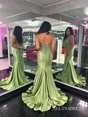Elegant Sage Mermaid Halter Long Prom Dress Lace Evening Dress SER632|Selinadress