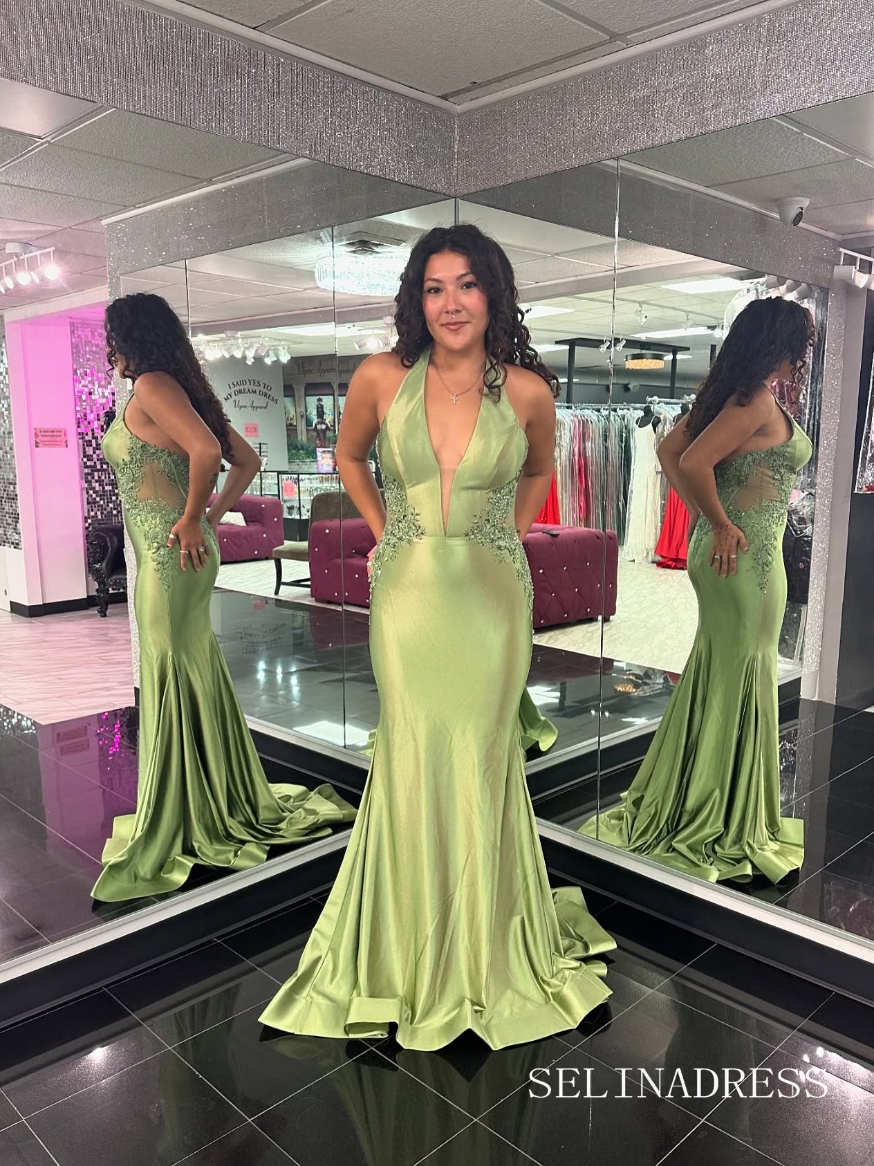Elegant Sage Mermaid Halter Long Prom Dress Lace Evening Dress SER632|Selinadress