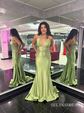 Elegant Sage Mermaid Halter Long Prom Dress Lace Evening Dress SER632|Selinadress