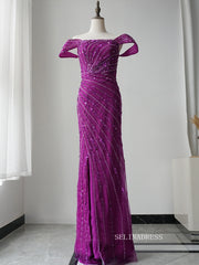 Elegant Sheath/Column Long Prom Dress Tulle Beaded Long Evening Dress Formal Gown FUE014|Selinadress