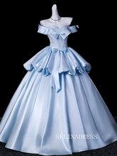 Elegant Sky Blue Bow Sequins Lace Flower Prom Dresses Ball Gown Satin Backless Ball Gown LET017|Selinadress