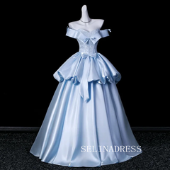 Elegant Sky Blue Bow Sequins Lace Flower Prom Dresses Ball Gown Satin Backless Ball Gown LET017|Selinadress