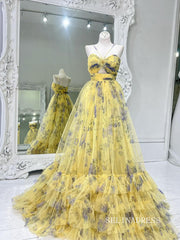 Elegant Spaghetti Straps Yellow Print Floral Long Prom Dress lps014|Selinadress