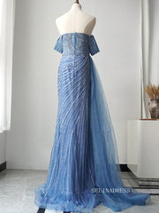 Elegant Strapless Blue Long Prom Dress Sparkly Beaded Long Evening Dress Formal Gown FUE013|Selinadress