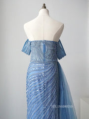 Elegant Strapless Blue Long Prom Dress Sparkly Beaded Long Evening Dress Formal Gown FUE013|Selinadress