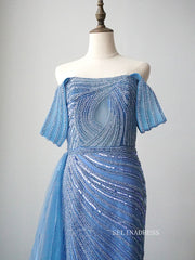 Elegant Strapless Blue Long Prom Dress Sparkly Beaded Long Evening Dress Formal Gown FUE013|Selinadress