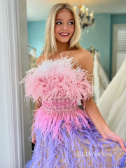 Elegant Strapless Ombre Feather Beaded Evening Gown Prom Dress lps015|Selinadress