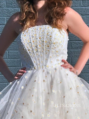 Elegant Strapless White Tulle Ball Gown Yellow Flower Wedding Gown Quinceanera Dress SER629|Selinadress