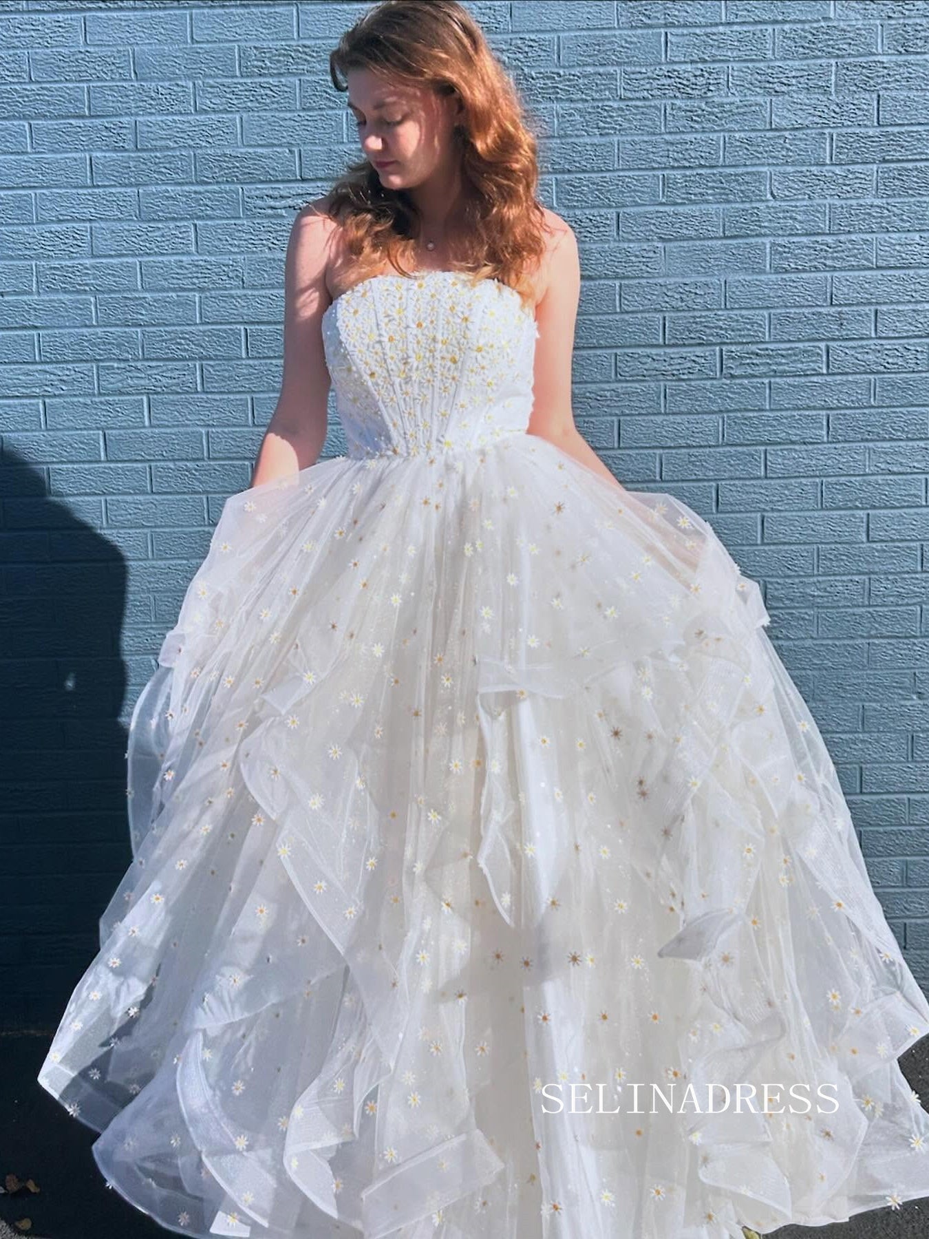 Elegant Strapless White Tulle Ball Gown Yellow Flower Wedding Gown Quinceanera Dress SER629|Selinadress