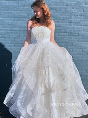 Elegant Strapless White Tulle Ball Gown Yellow Flower Wedding Gown Quinceanera Dress SER629|Selinadress