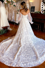 Elegant Sweetheart Floral Lace White Wedding Dresses With Detachable Sleeves Wedding Gowns EWR808|Selinadress