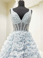 Elegant V neck Light Sky Blue Ruffles Tulle Ball Gown Quinceanera Dress SER638|Selinadress