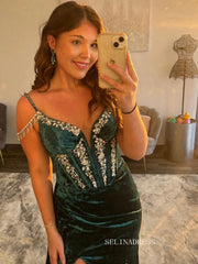 Emerald Green Velvet Evening Gown with Crystal Embellishments and Thigh-High Slit COK047|Selinadress