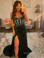 Emerald Green Velvet Evening Gown with Crystal Embellishments and Thigh-High Slit COK047|Selinadress
