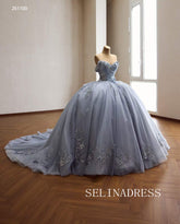 Enchanting Blue Ball Gown with Intricate Floral Embroidery and Dramatic Bow Accents 261120|Selinadress