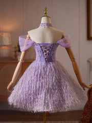 Enchanting Lavender Tulle Mini Dress with Beaded Bodice and Feather-Like Skirt TYL065|Selinadress